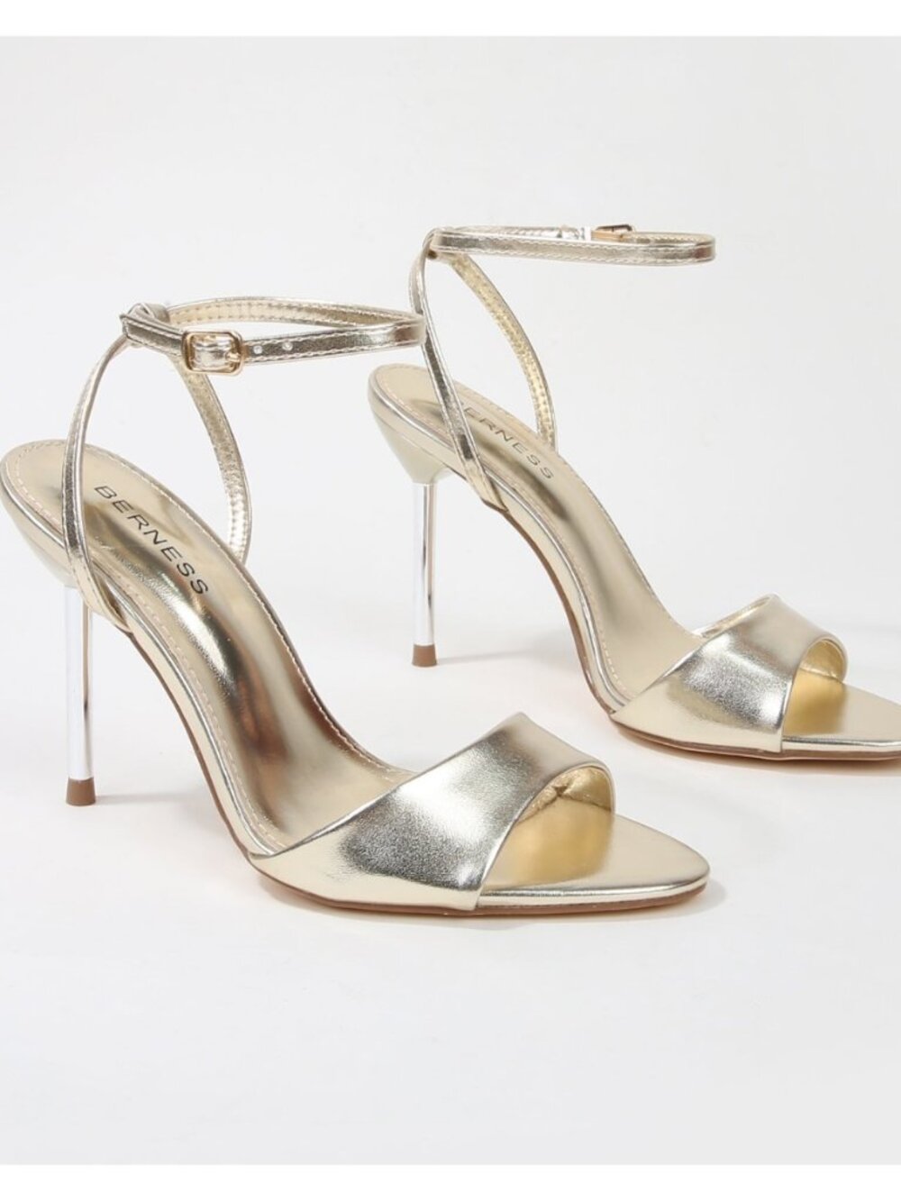 BERNESS Evana Gold Open Toe Ankle Strap Stiletto Heels Size 10 NWT